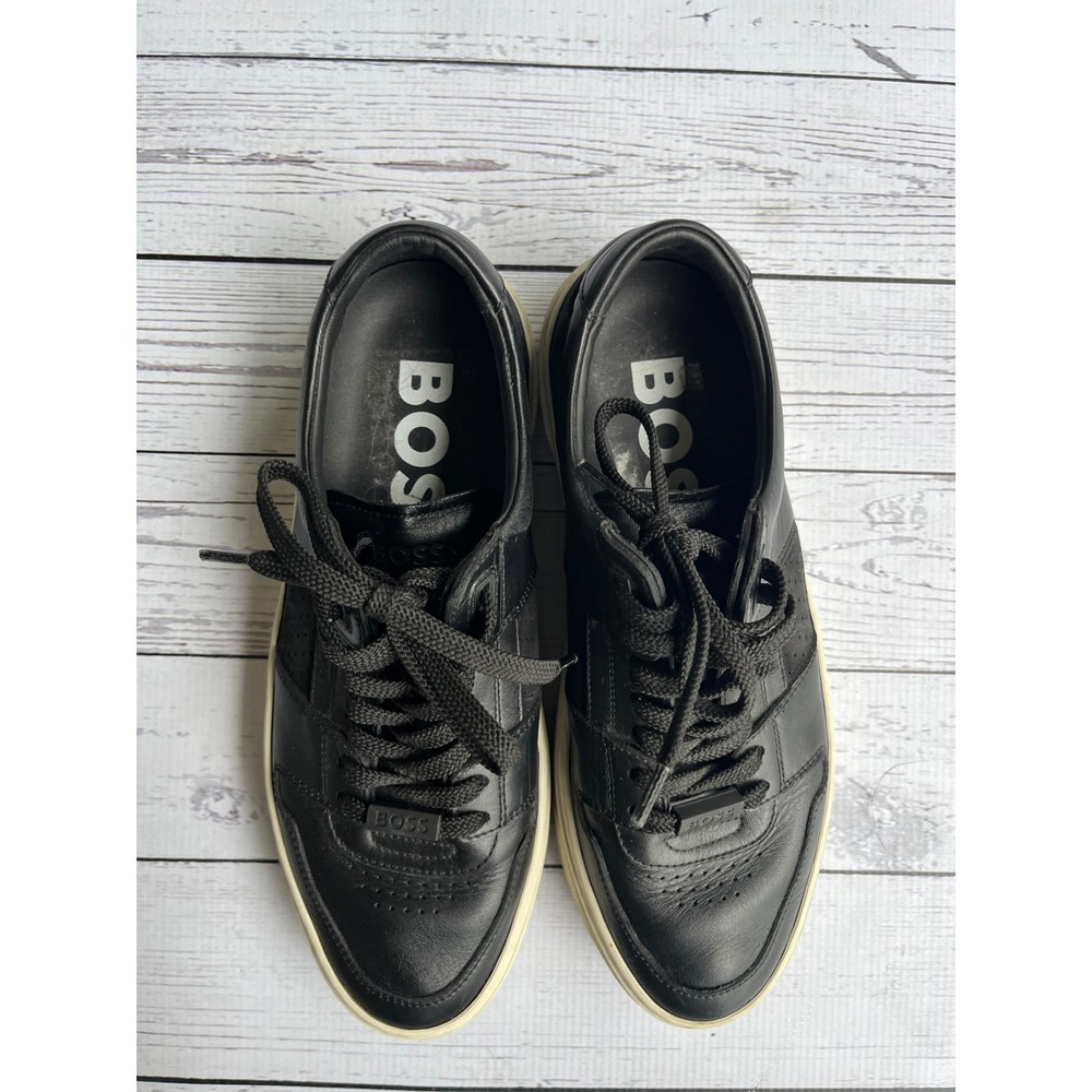 Hugo Boss Mens Black Leather Low Top Italian Sneakers Designer Shoes Streetwear